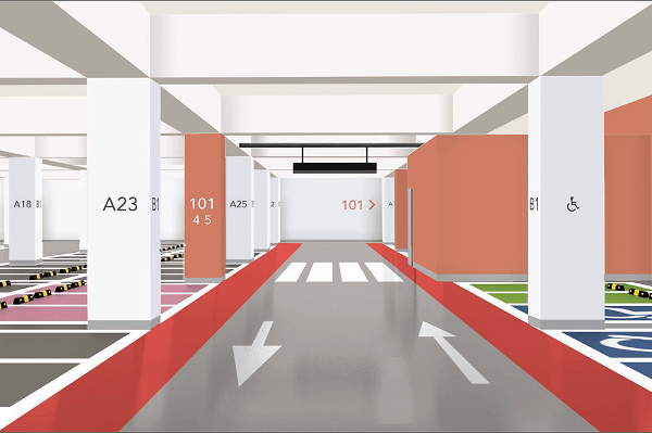 컬러 유니버셜 디자인을 적용한 지하주차장 예시. [사진=코오롱글로벌]